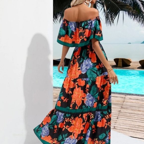 Multicolor Boho Womens Floral Print Off Shoulder Belted A-line Dress - Picture 3 of 5